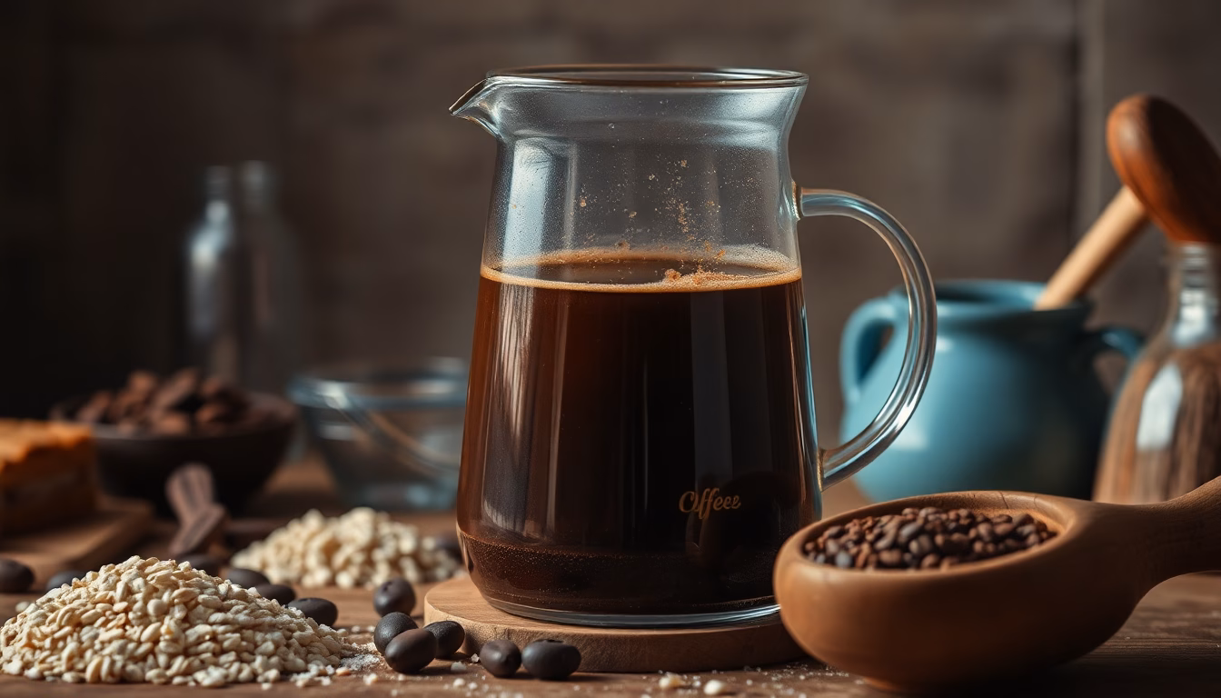 Tasse de café renversée sur une cuillère avec des morceaux de gâteau au chocolat.