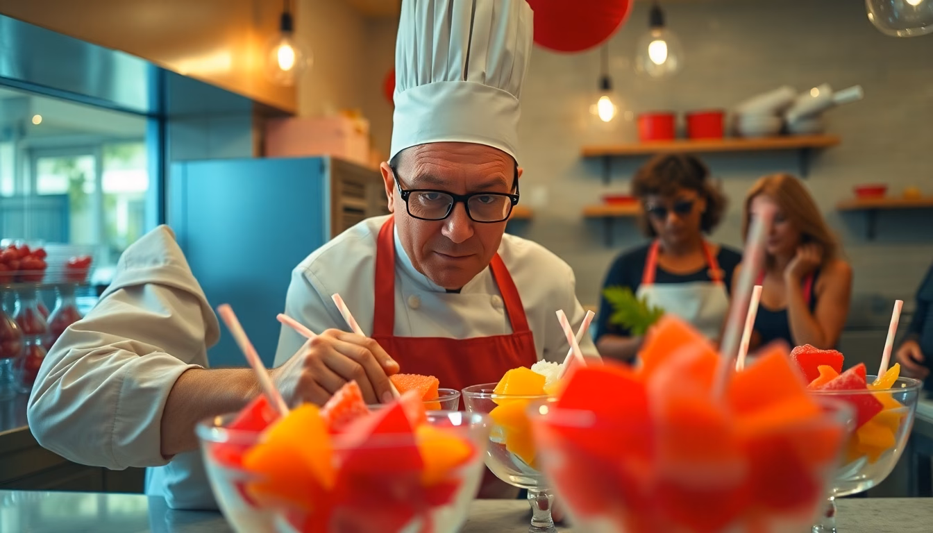 Un cuisinier souriant devant son stand de sorbets colorés lors d'une journée ensoleillée.