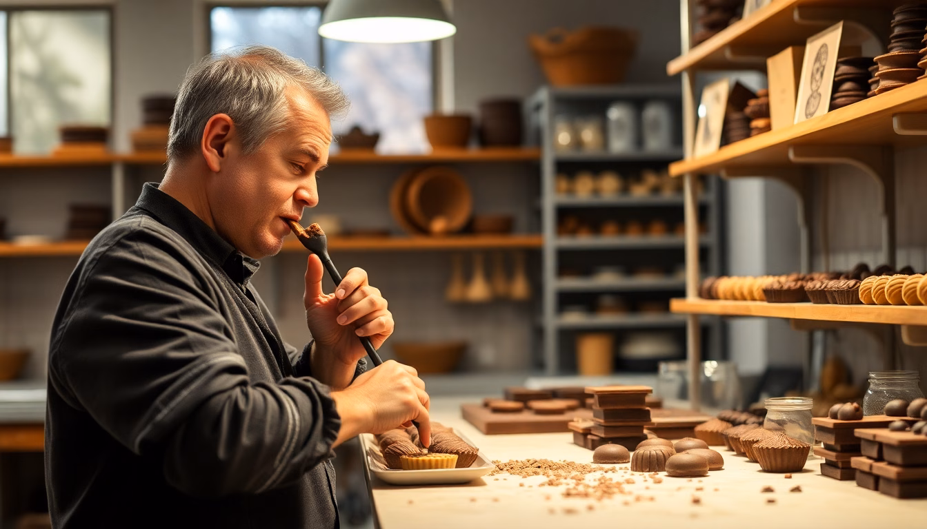Des tablettes de chocolat artisanales variées, avec une indication graphique de baisse de prix du cacao.