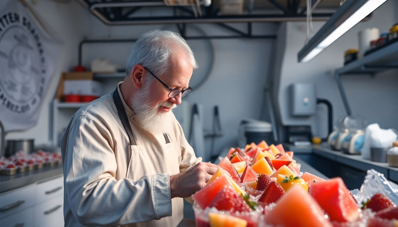 Un professionnel souriant présentant une variété de sorbets colorés sous le soleil.