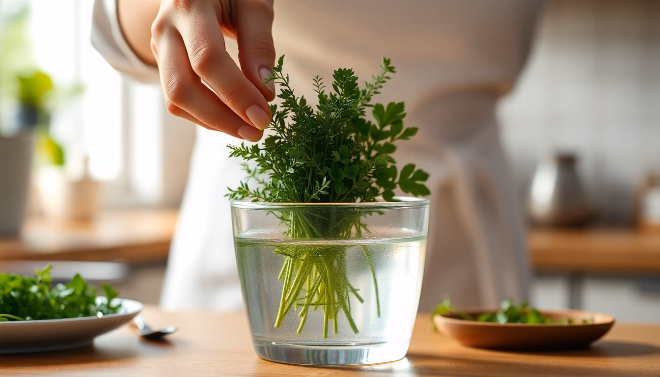 Un bouquet d'herbes aromatiques luxuriantes et vertes, conservées dans un récipient, symbolisant la fraîcheur durable.