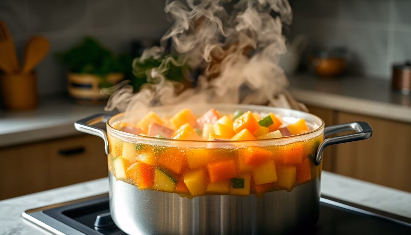 Une louche versant de l'eau de cuisson de légumes dorée dans une marmite de soupe fumante.