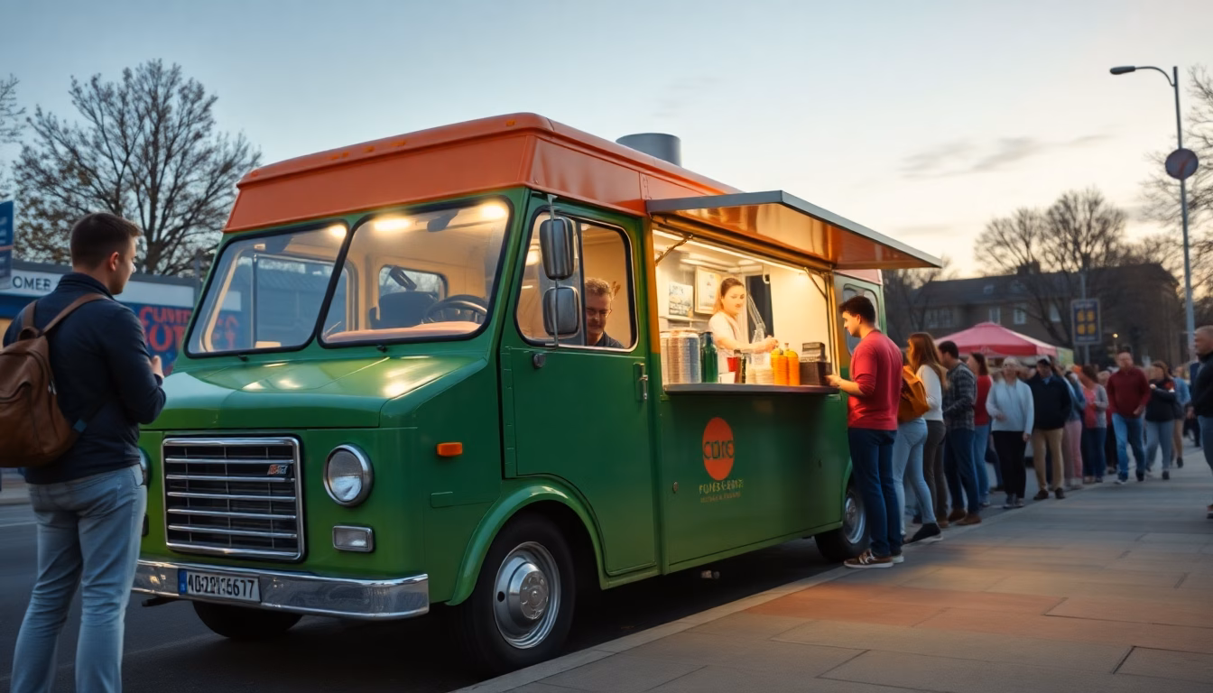 Un food truck coloré avec une longue file d'attente de clients