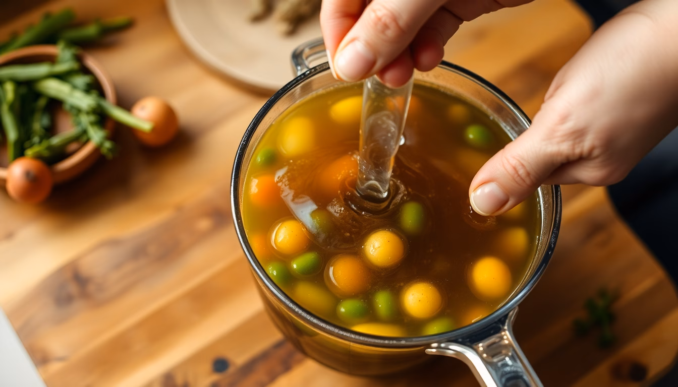 Casserole fumante remplie d'un bouillon doré, avec des légumes frais à proximité.