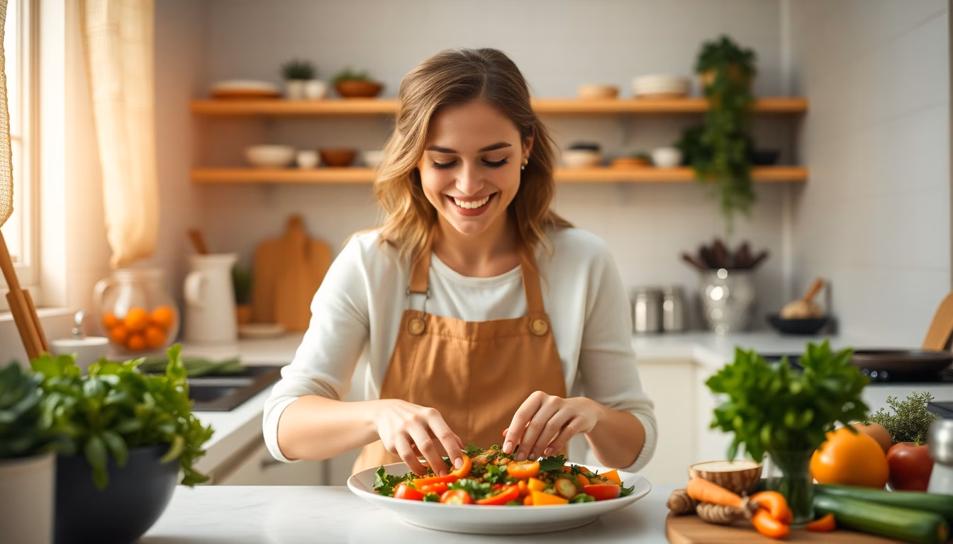 Une personne souriante prépare un plat simple avec plaisir, entourée d'ingrédients frais.