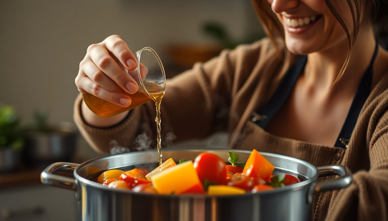 Un bol d'eau de cuisson de légumes à côté d'un bouillon fumant.