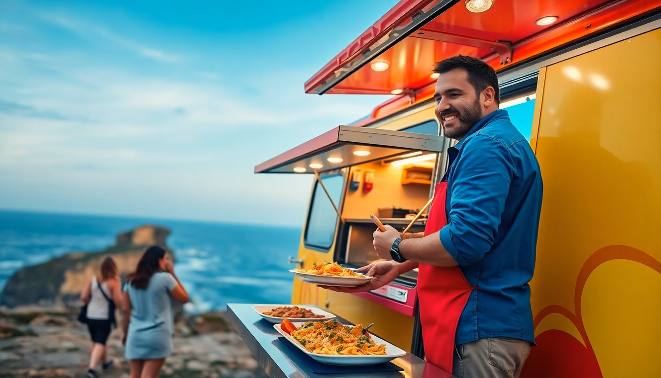 Un food truck coloré et animé, avec des clients souriants.