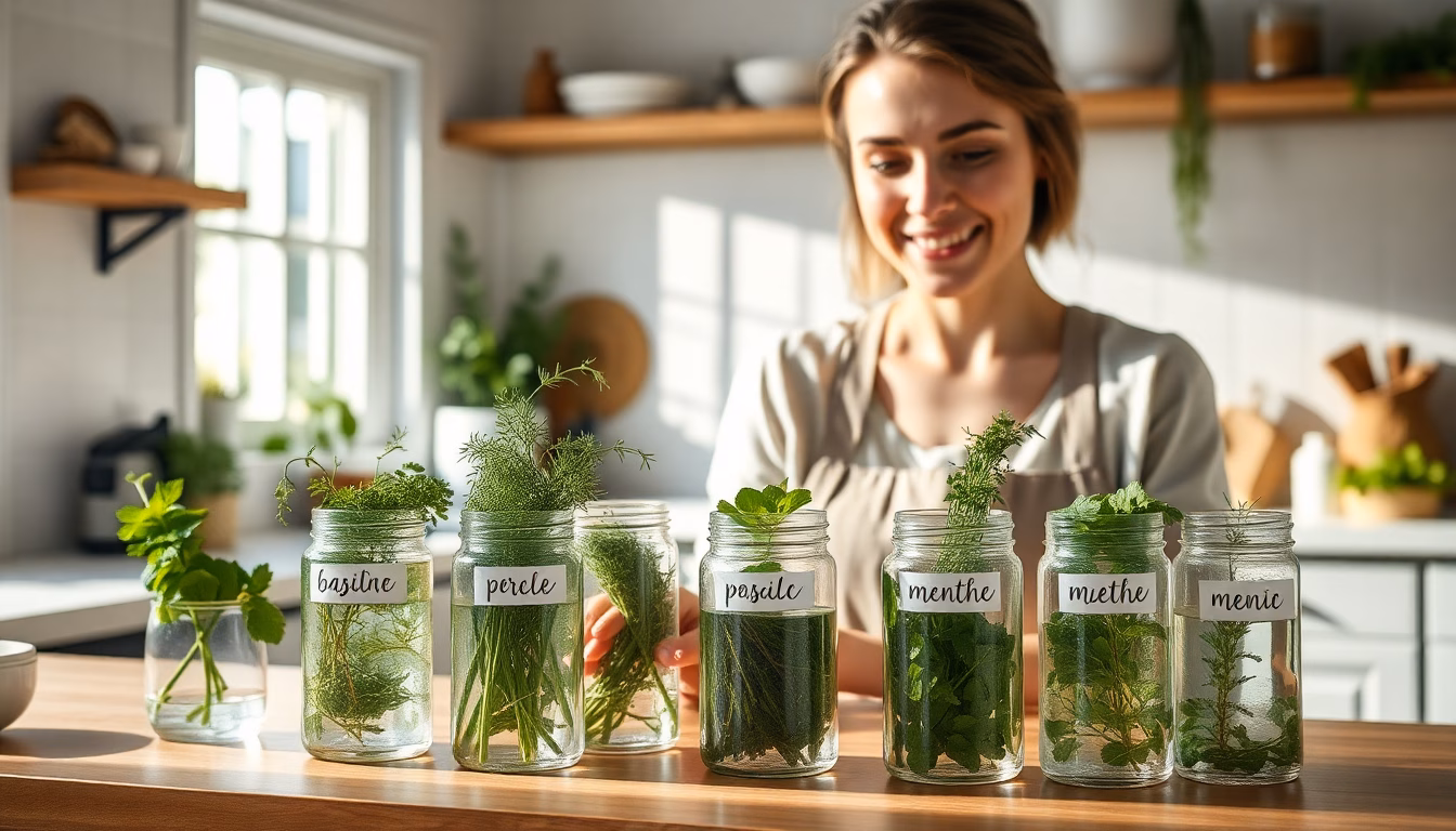 Un bouquet d'herbes aromatiques vertes et fraîches conservées dans un récipient