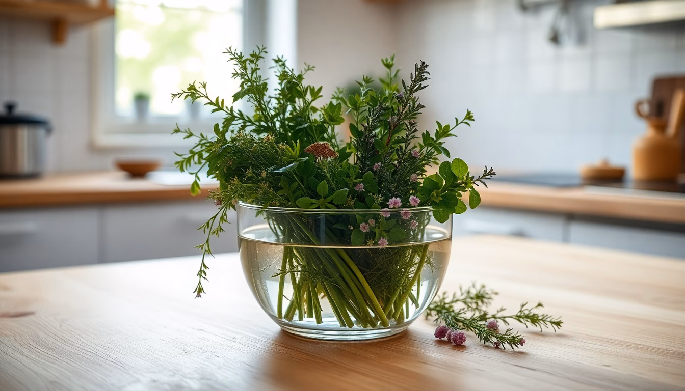 Un bouquet de persil et de basilic frais, conservé dans un verre d'eau avec un sac plastique.