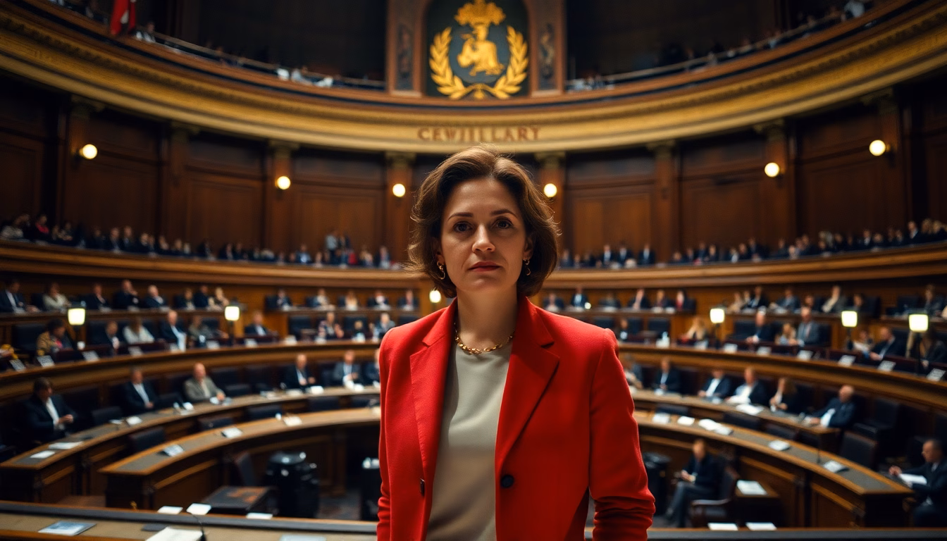 Photo d'Aurore Bergé s'exprimant lors d'une réunion politique.