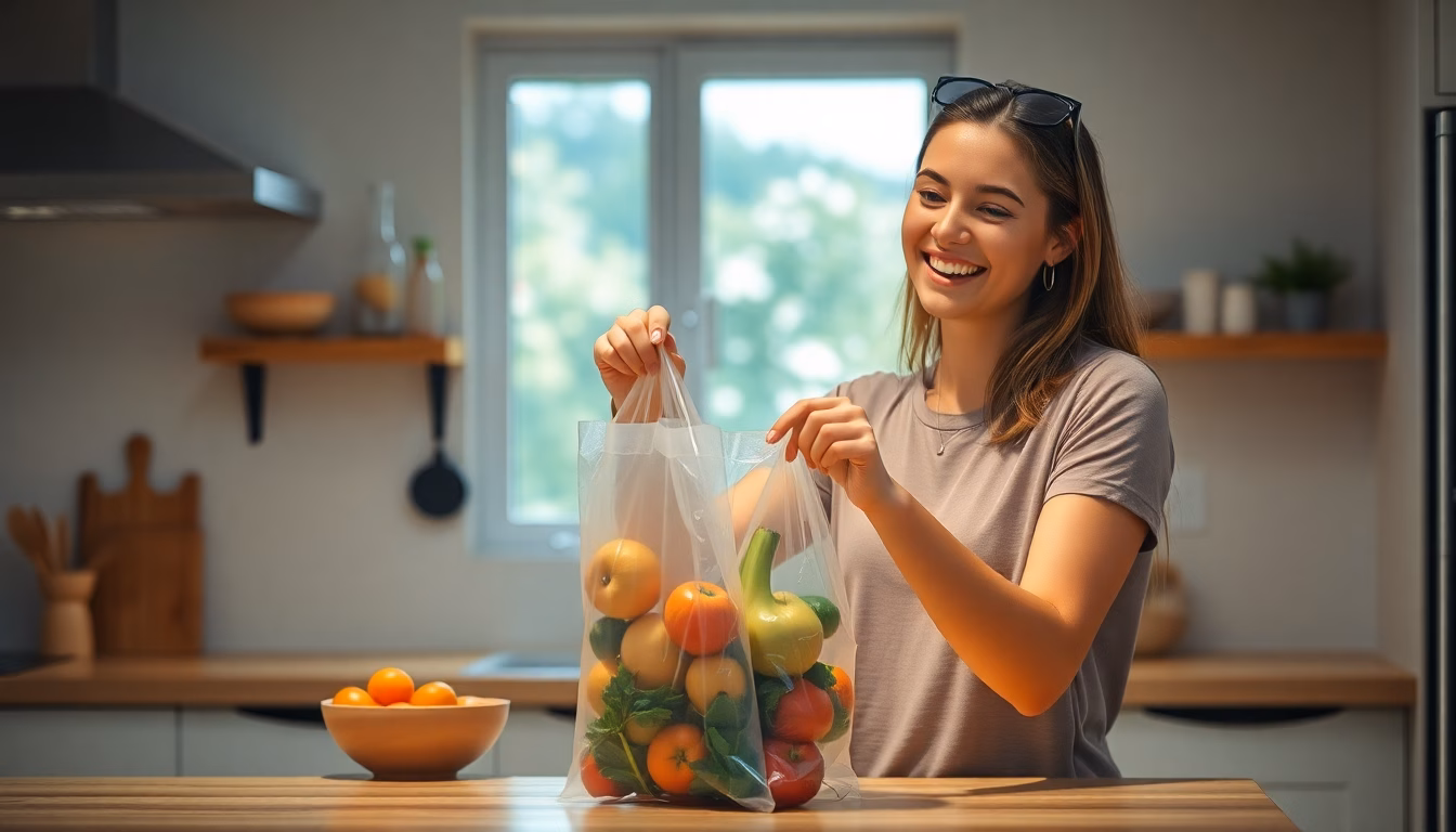 Main utilisant un sac poubelle transparent pour le tri