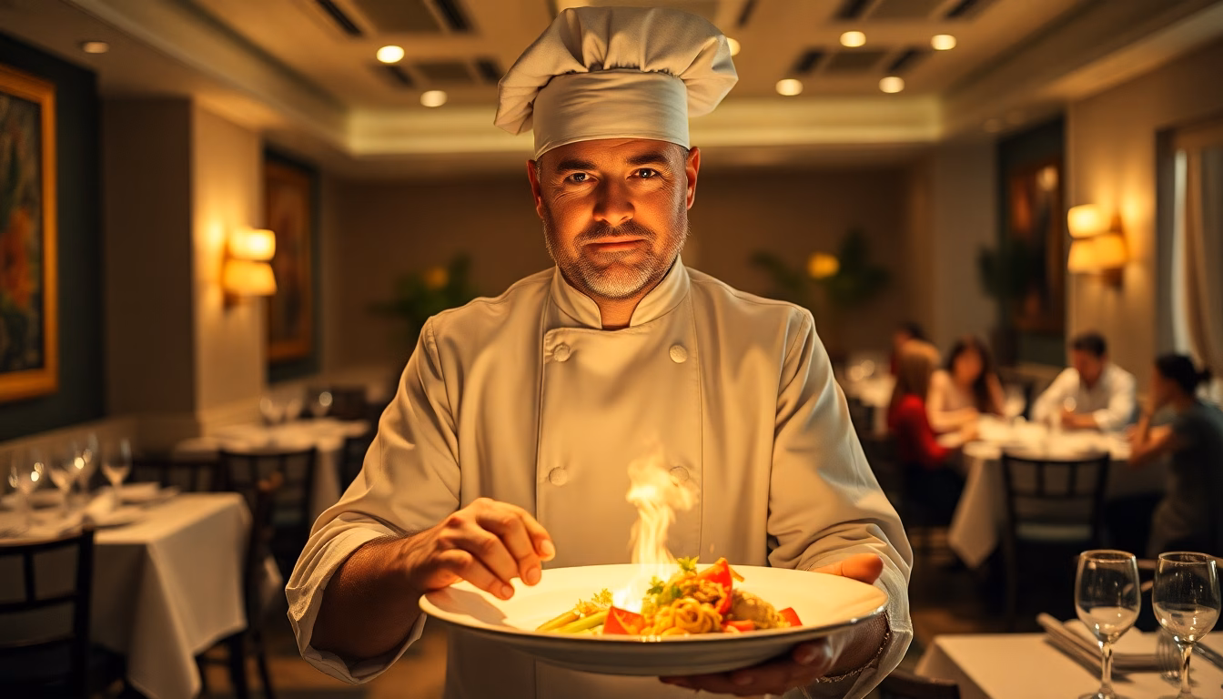 Assiette gastronomique avec cuisine chaotique en arrière-plan