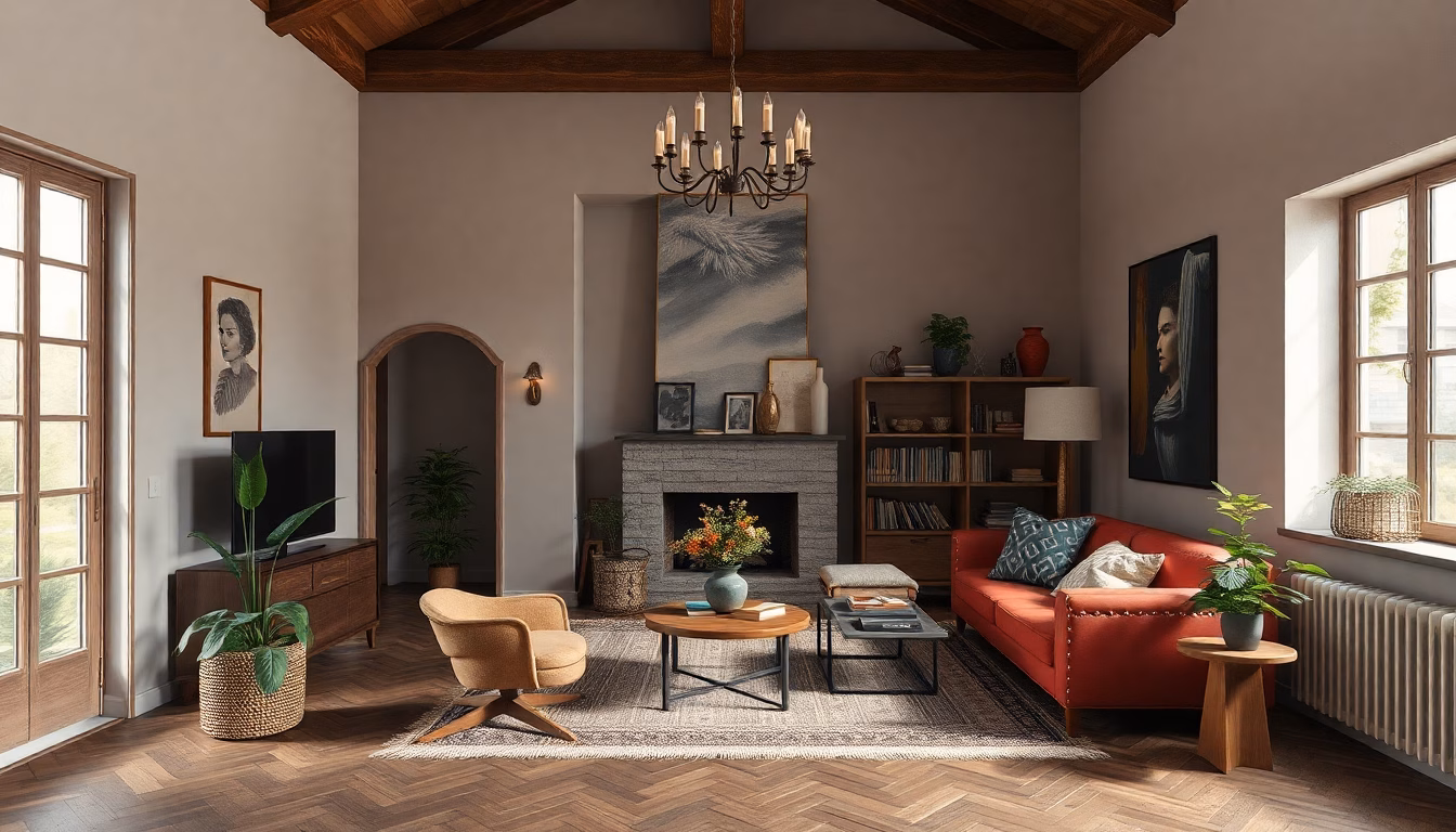 Salon moderne et coloré avec des éléments de décoration originaux.