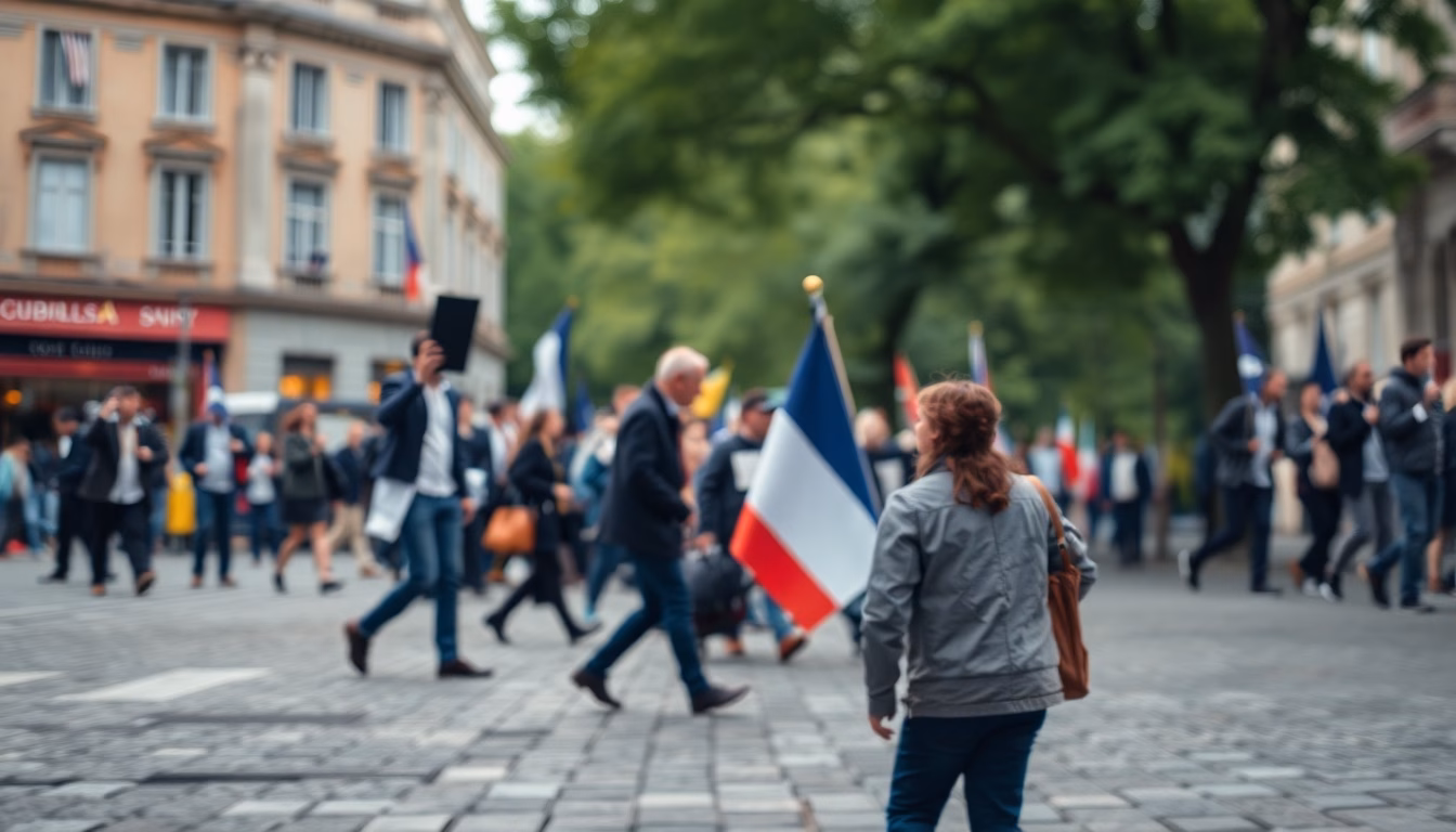 Balance politique déséquilibrée avec foule inquiète
