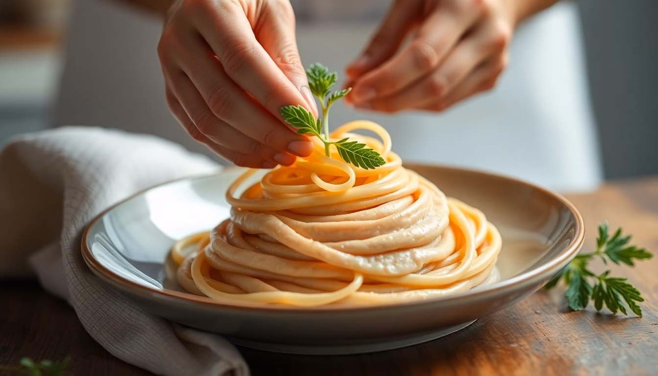 plat de pâtes fumant garni de basilic et parmesan