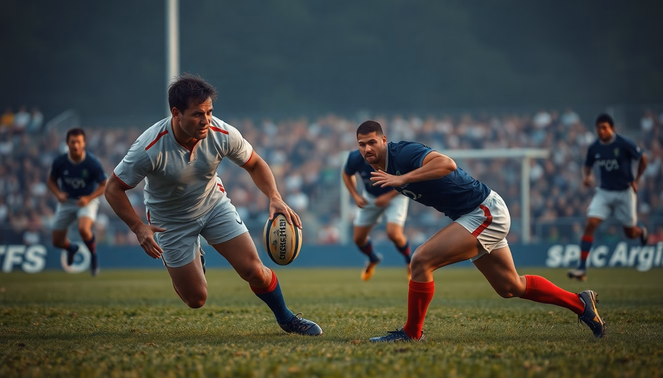 Drapeaux de la France et des Fidji face à face sur un terrain de rugby.
