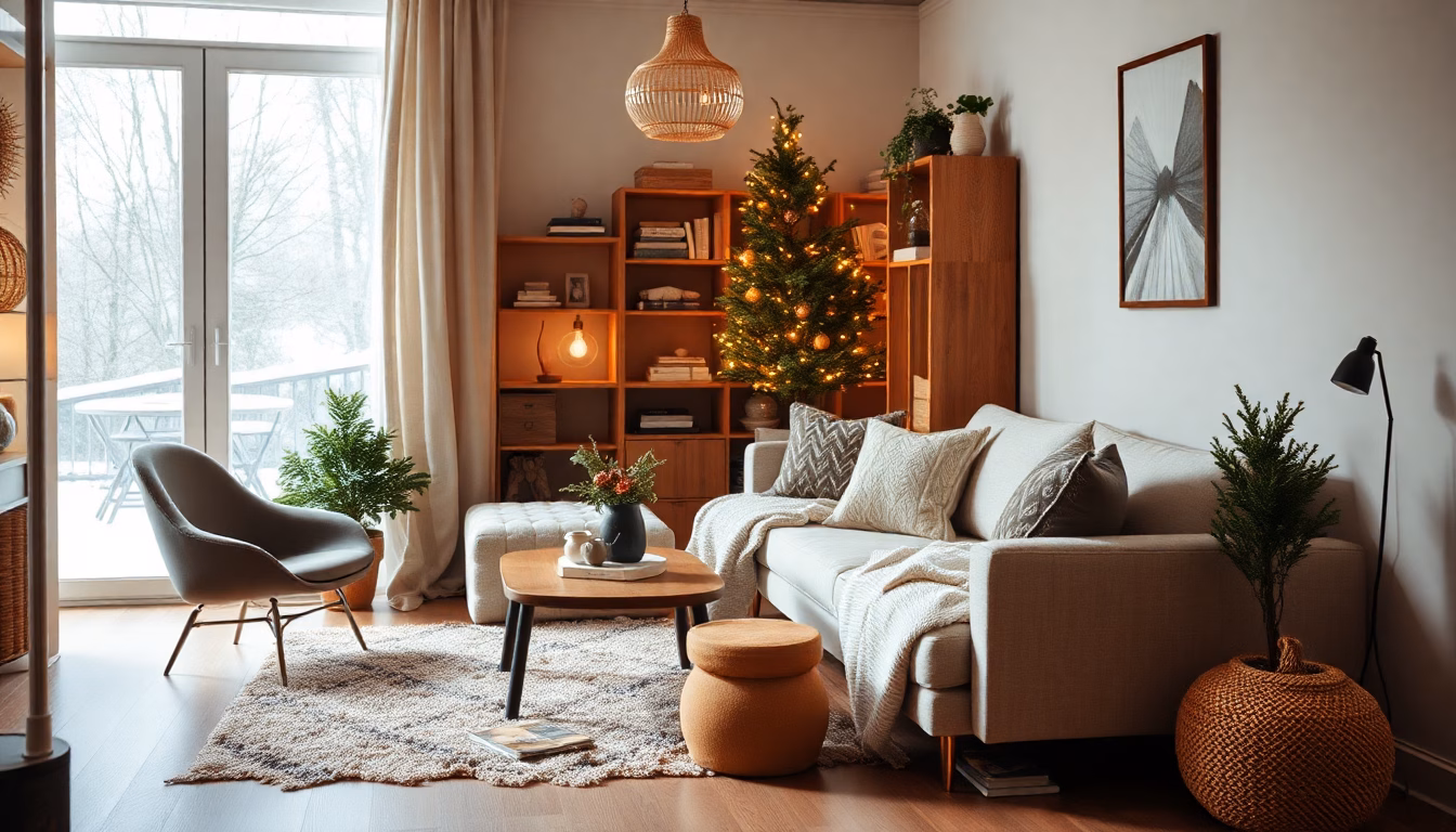 Salon d'hiver chaleureux et décoré