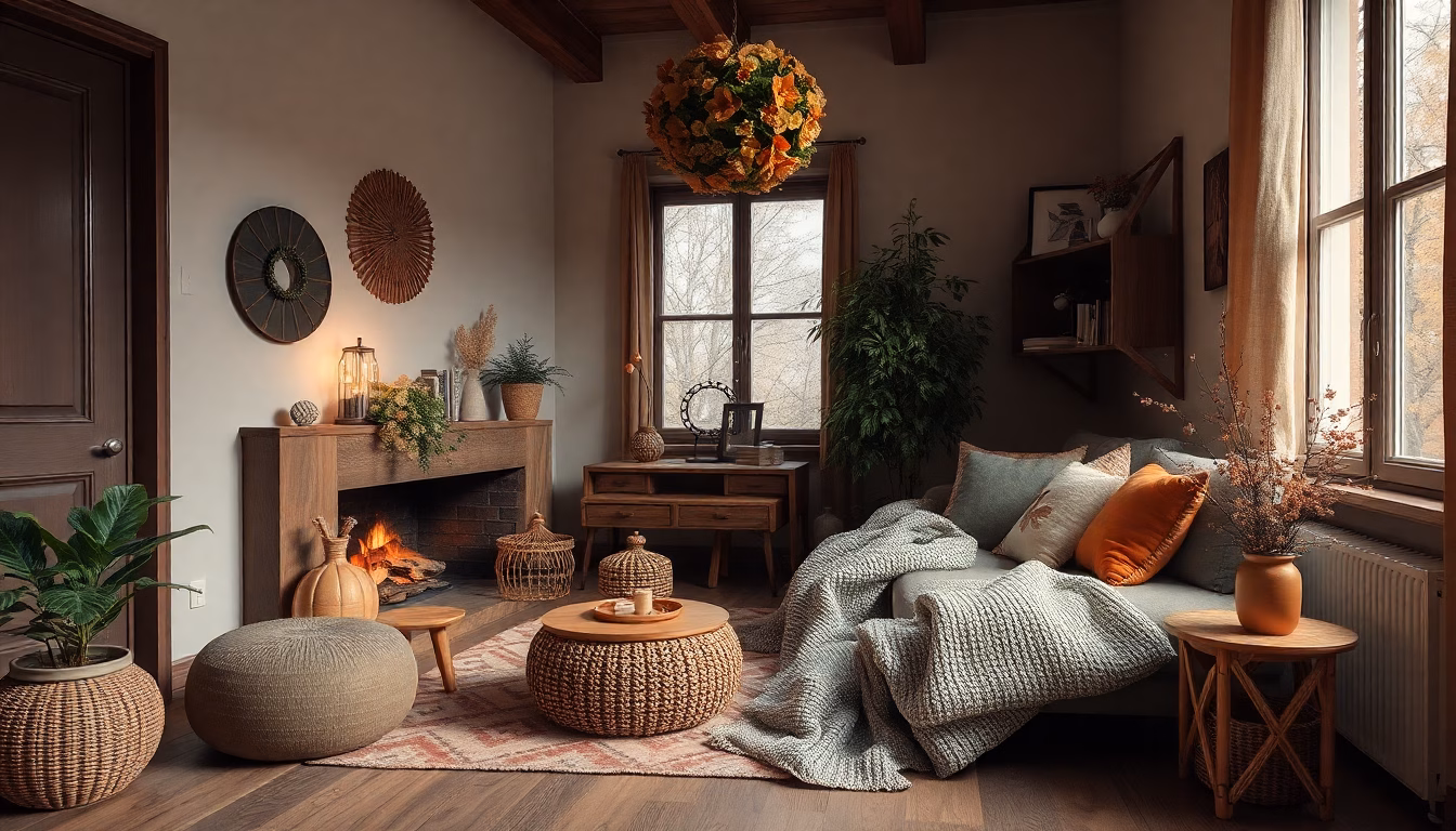 Coin salon douillet en automne avec plaids et bougies