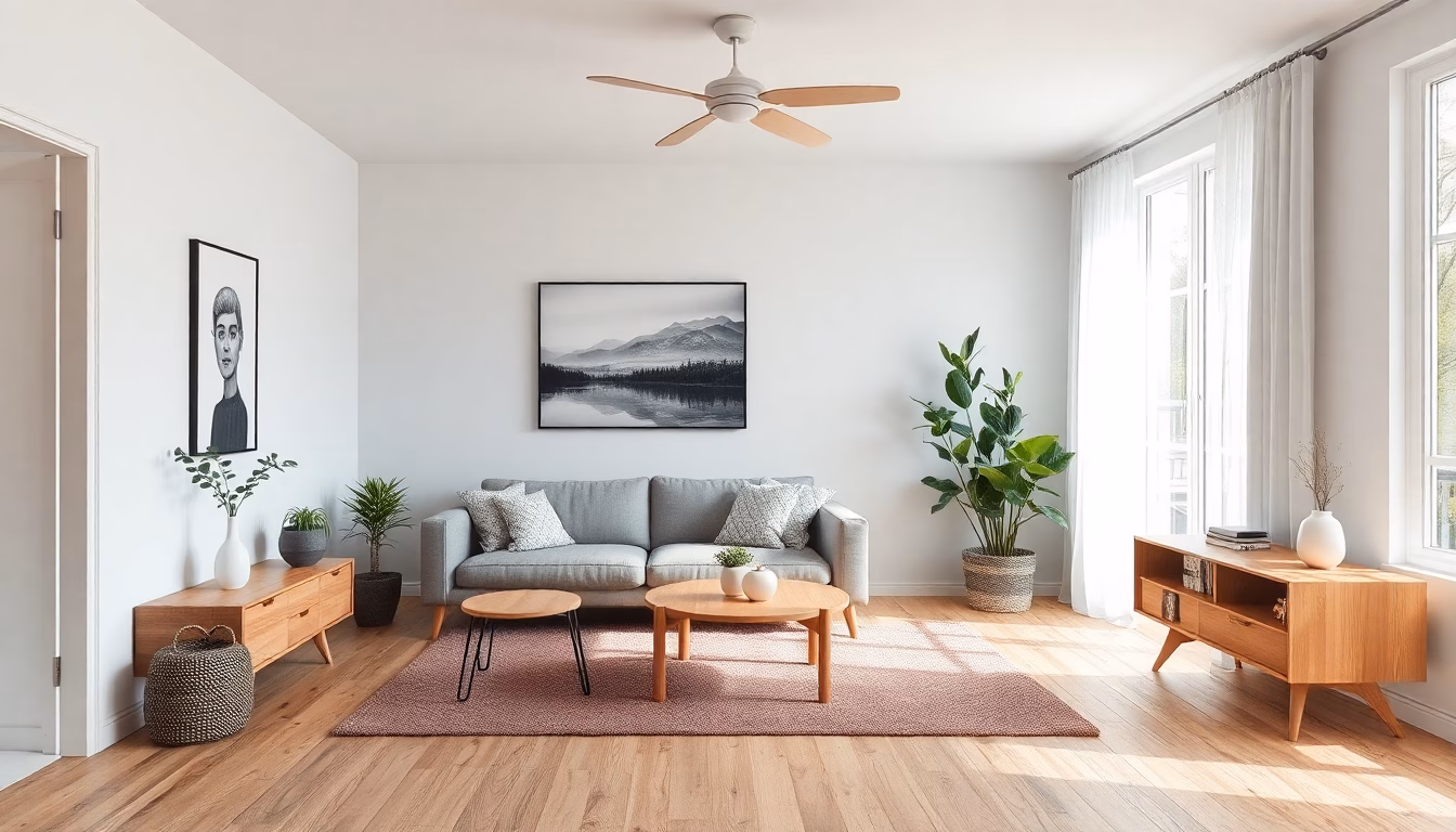 salon moderne décoré avec des touches colorées et des plantes